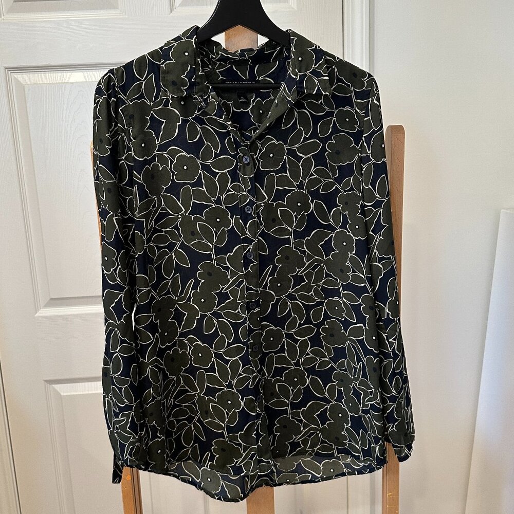 Banana Republic Slightly Sheer Blouse with Dark Green and Navy Blue Flowers M